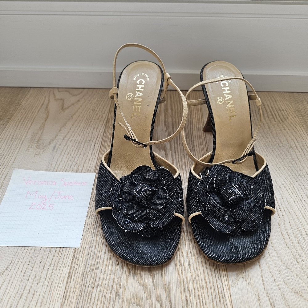Authentic Chanel Black Sandals with Floral Accent
